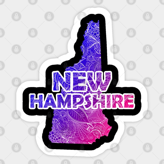 Colorful mandala art map of New Hampshire with text in blue and violet Sticker by Happy Citizen